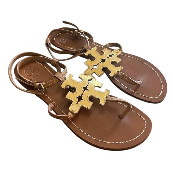 Tory Burch Phoebe brown LEATHER Flat SANDALS with Gold LOGO Women’s Size 6 SH134 - Picture 1 of 4